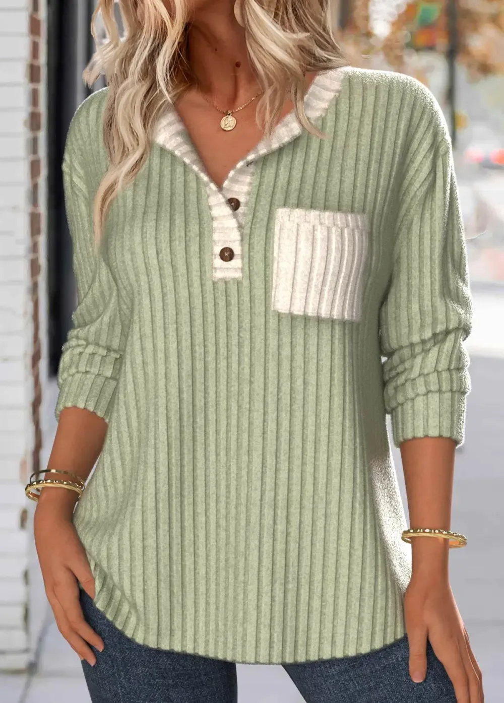 Sage Green Patchwork Long Sleeve Split Neck Sweatshirt