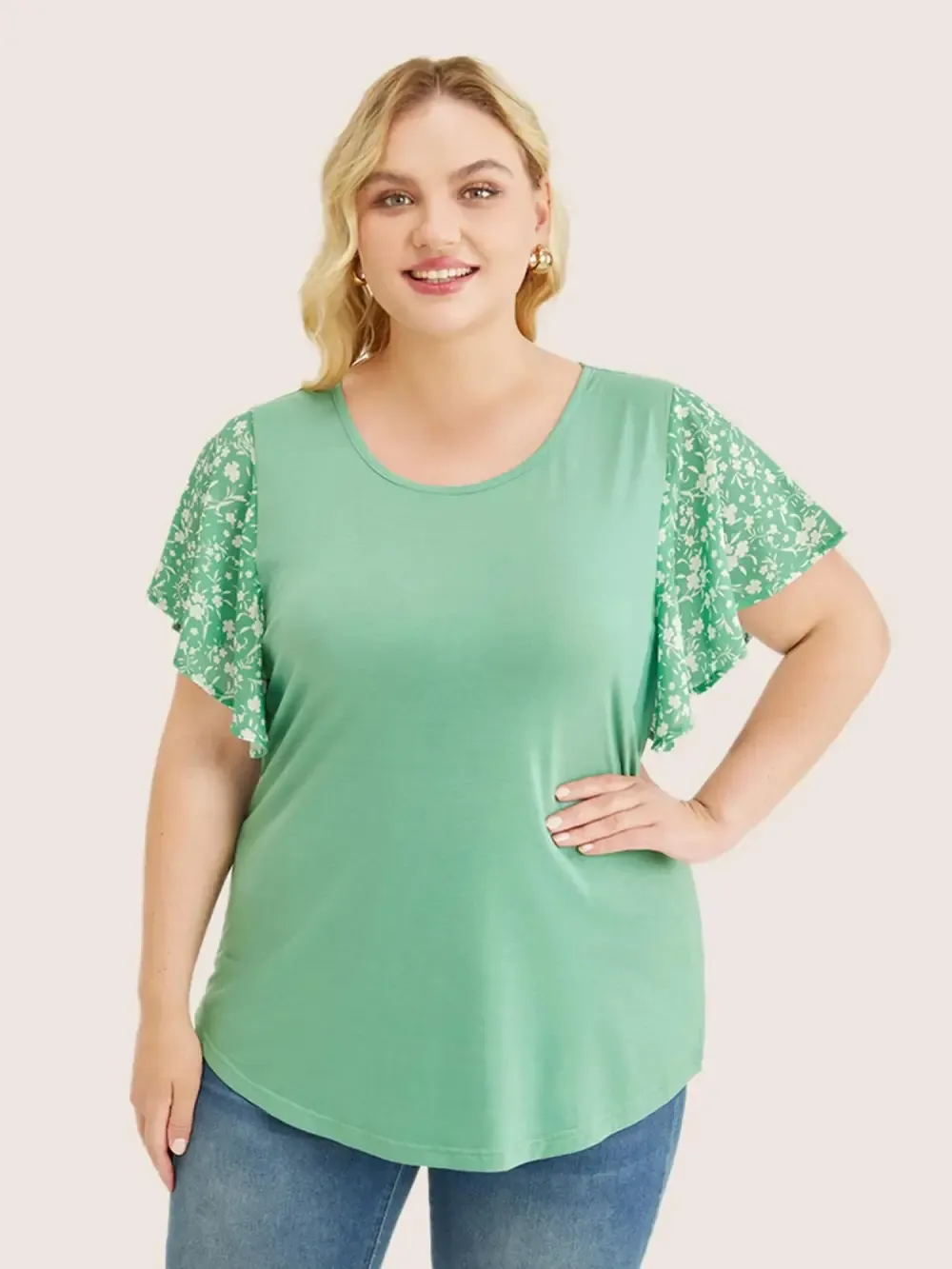Ditsy Floral Ruffle Sleeve Round Neck T-shirt