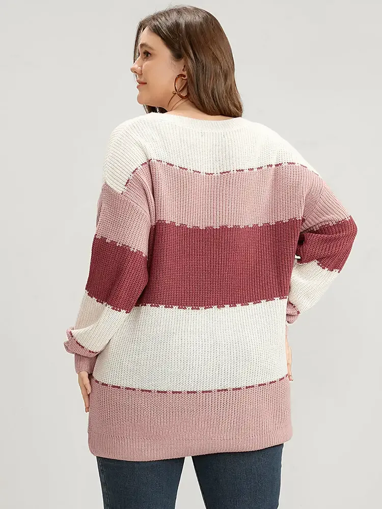 Colorblock Contrast Pointelle Knit Crew Neck Knit Top
