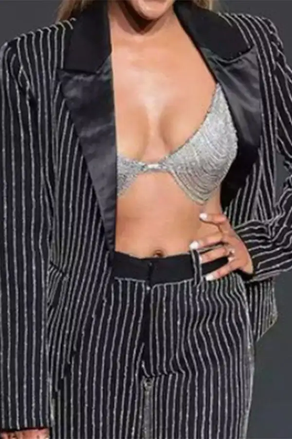 Striped Shimmery Peak Lapel Pant Suit