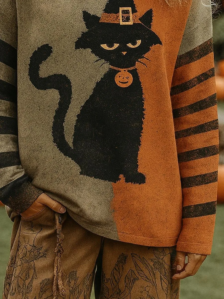 Women's Pullover Graphic Cat Pumpkin Vintage Fashion Classic Long Sleeve Crew Neck Regular Tops Casual Print Orange Fall Winter