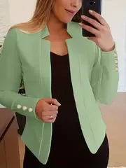 Stylish Solid Open Front Long Sleeve Button Blazer - Chic Office Wear for Women, Classic Career Clothing with Modern Twist