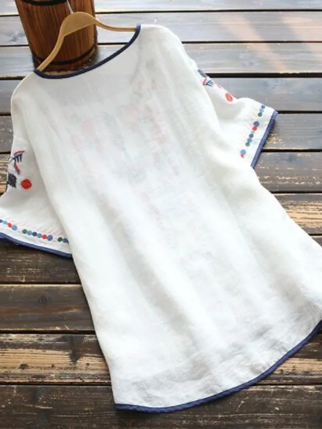 Women's Shirt Blouse Tribal Daily Basic Short Sleeve Crew Neck White Summer Spring