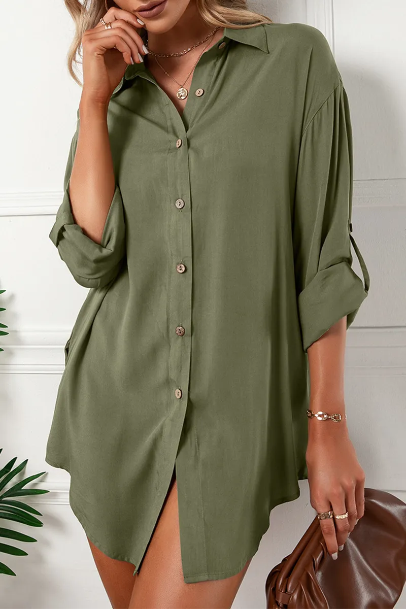 Casual Solid Buckle Turndown Collar Shirt Dress (6 Colors)