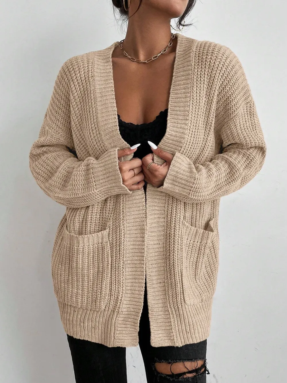 Frenchy Solid Dual Pockets Ribbed Knit Cardigan