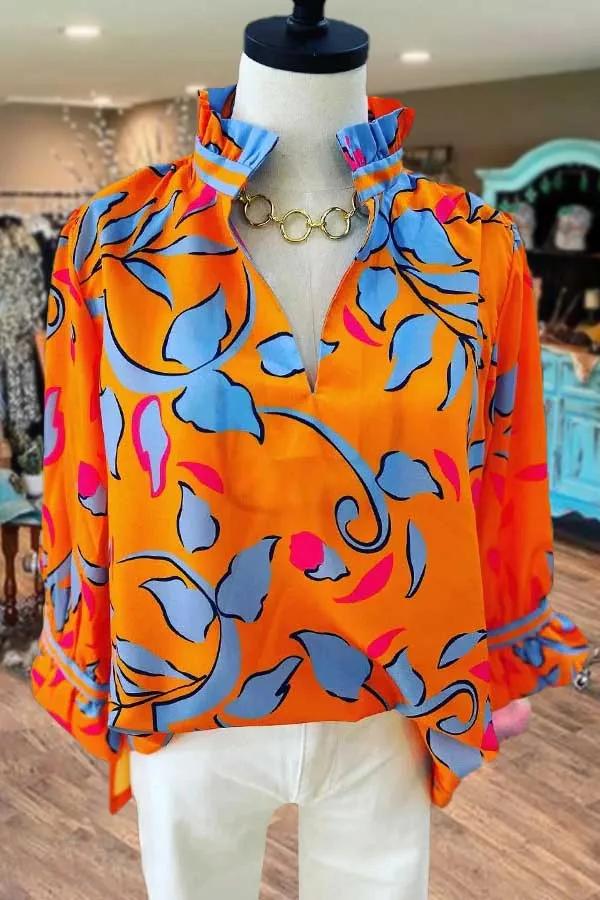 Print Ruffle High Neck Long Sleeve Blouse