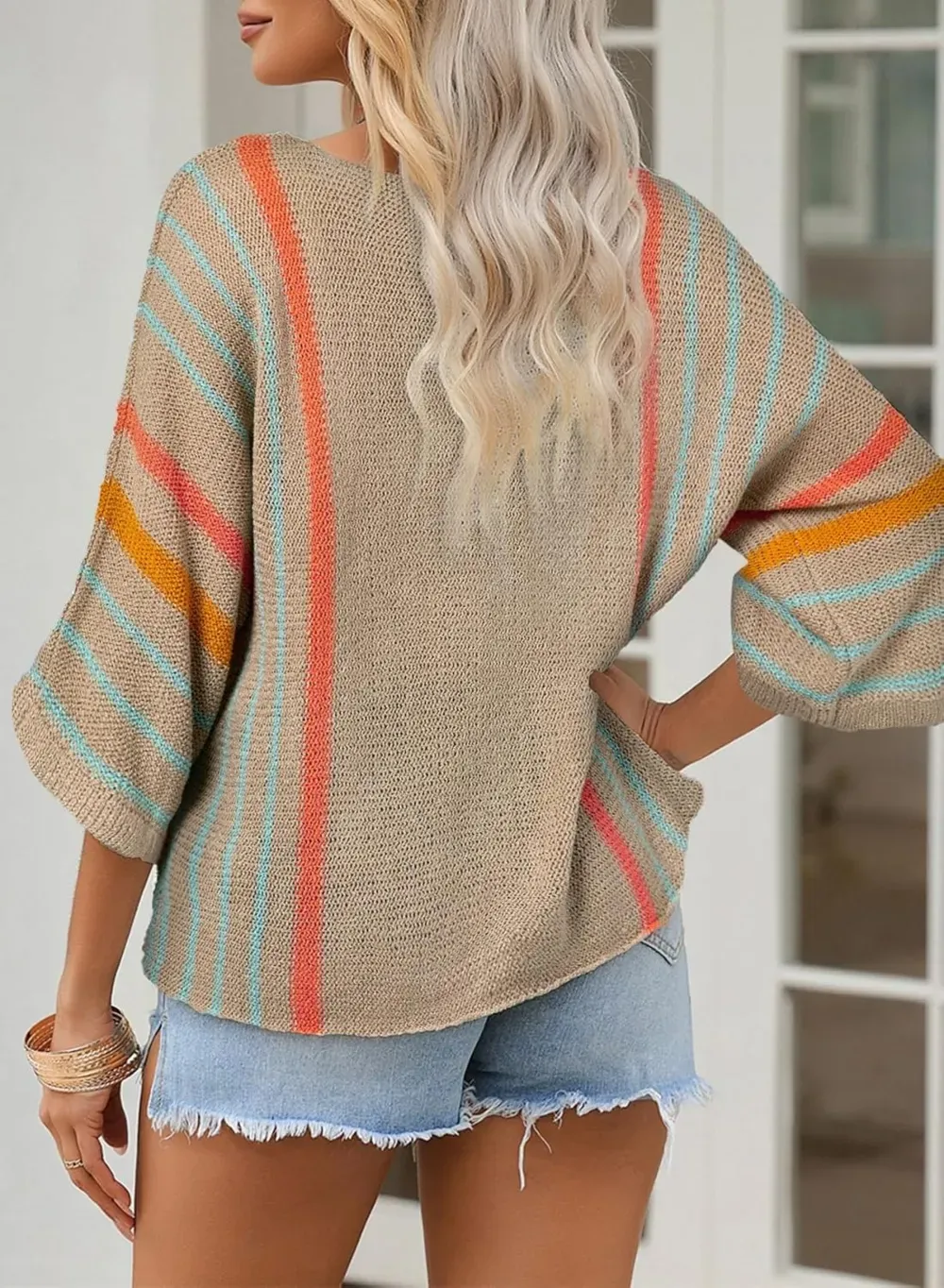 ✨Hot Sale-Women's Casual Color Block Striped Cable Knit Boho Sweater