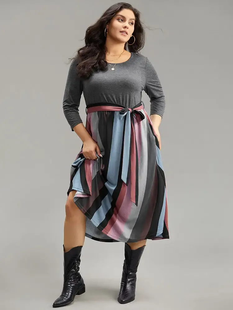 Striped Contrast Patchwork Belted Dress