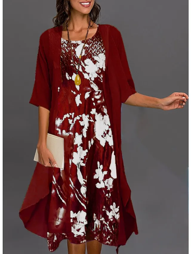 Women‘s Dress Set Two Piece Dress Midi Dress Green Blue Gray Half Sleeve Floral Print Summer Spring U Neck Casual 2023 S M L XL XXL 3XL