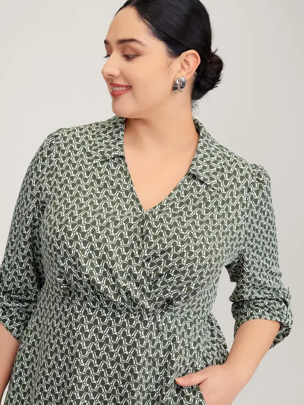 Geometric Print Split Wrap Collar Maxi Dress