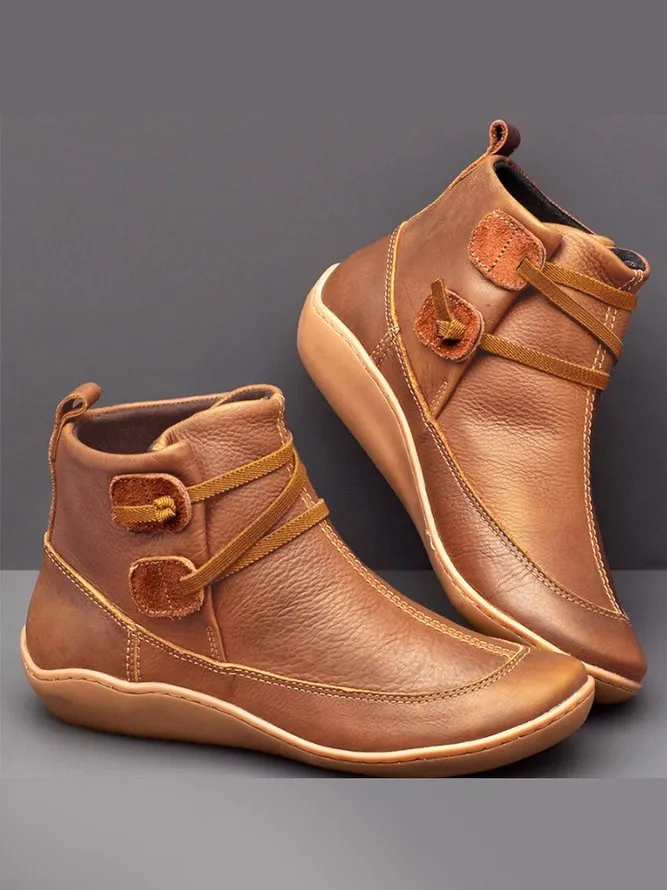 Vintage Women Casual Braided Strap Breathable Lether PU Flat Heel Classic Boots