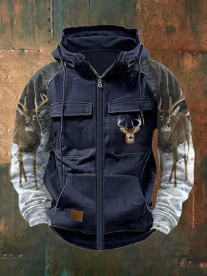 Men's Vintage Western Deer Print Multi-Pocket Jacket