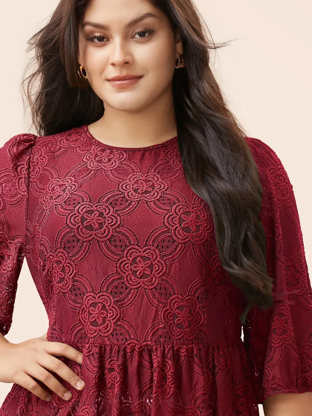 Crew Neck Crochet Lace Lantern Sleeve Blouse