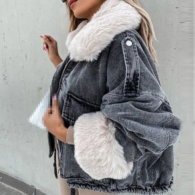 Winter Faux Fox Fur Collar Jacket Denim Women Elegant Big Pockets Jacket