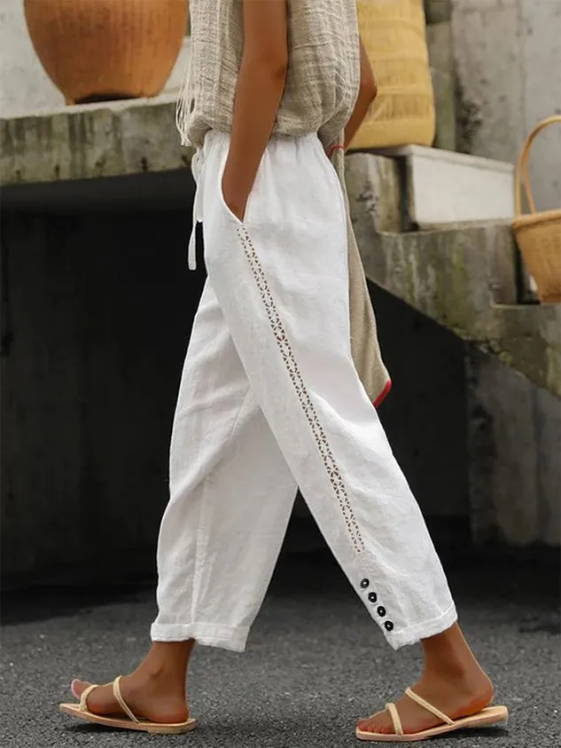 Casual Plain Lace Mesh Side Solid Drawstring Cotton Pant