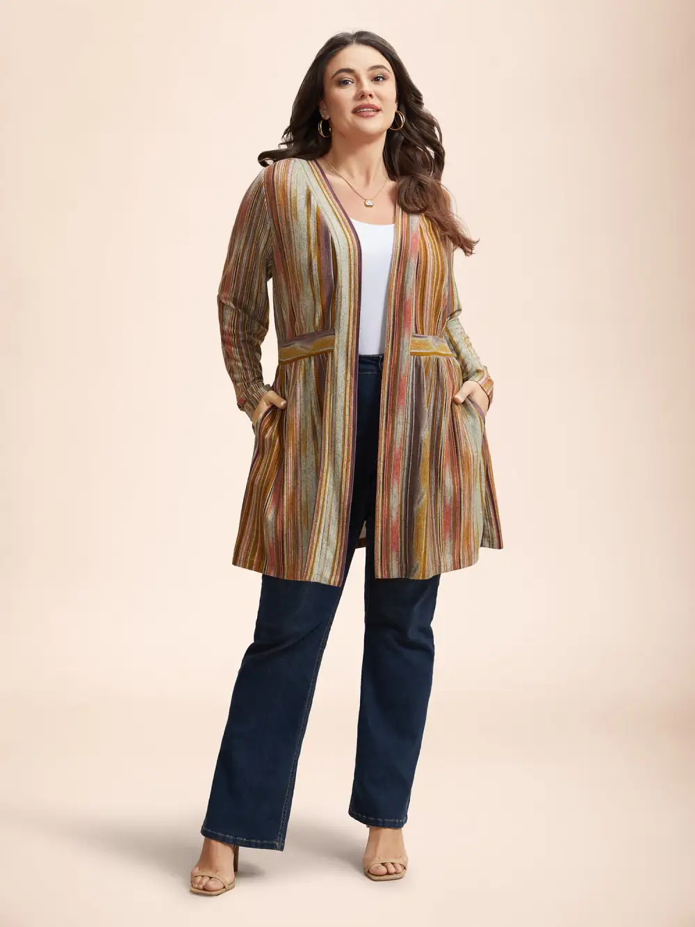 Colored Striped Open Front Waist Defining Jacket