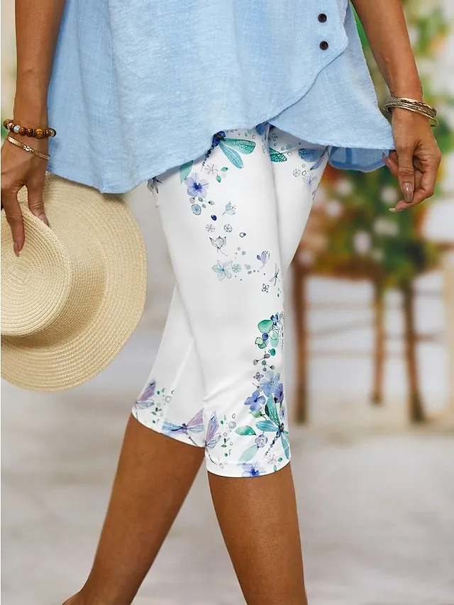 Women's Capri shorts Black / White Khaki Red Mid Waist Fashion Casual Weekend Print Stretchy Calf-Length Tummy Control Animal S M L XL XXL / Skinny