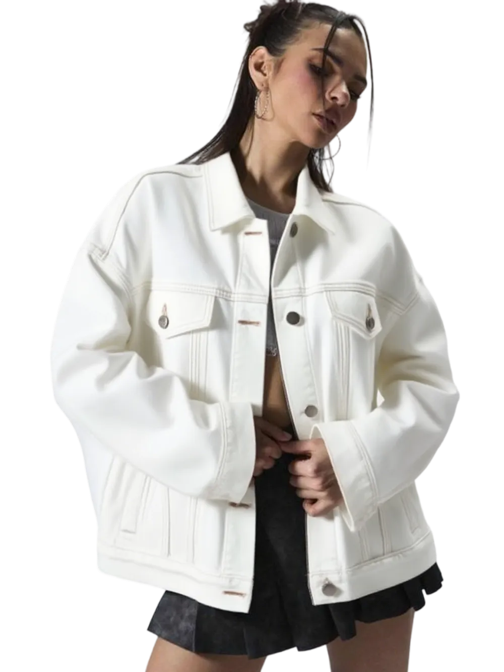 Women's Plain Button Front Drop Shoulder Denim Coat, Casual Fitted Long Sleeve Collared Pocket Outerwear for Daily Wear