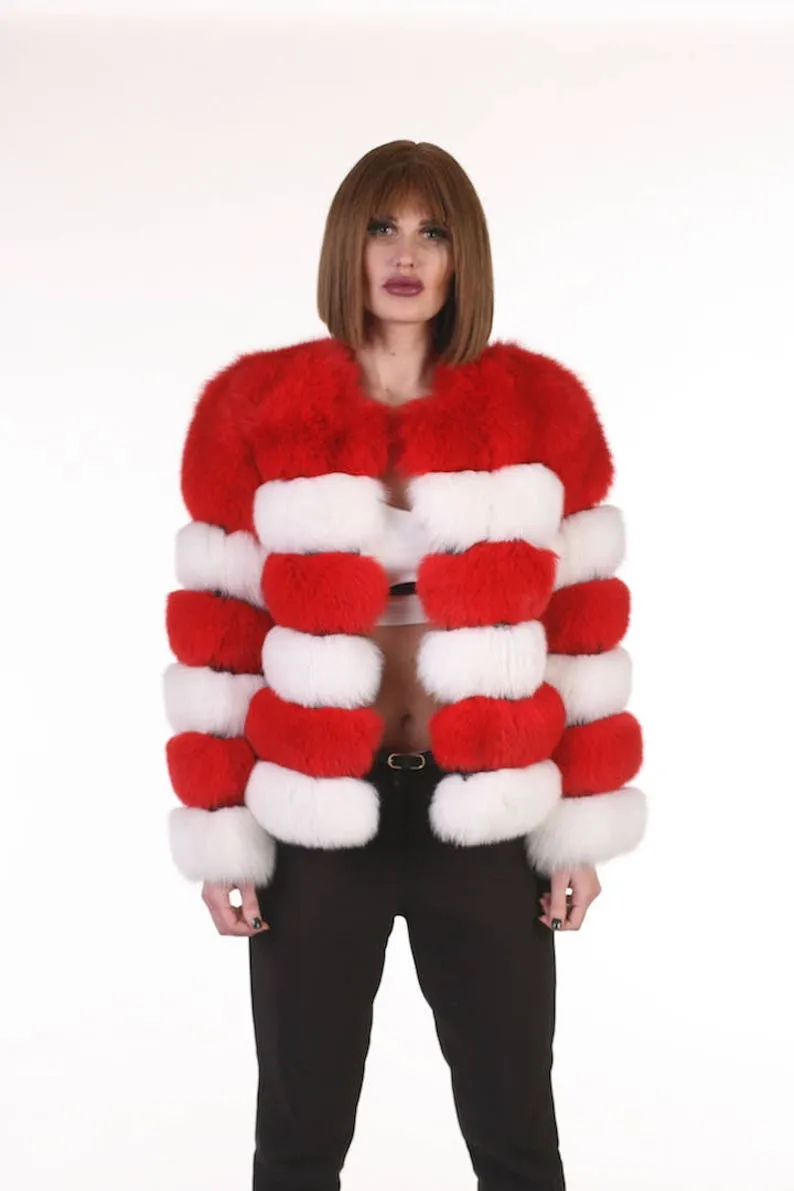 Red and White Fox Fur Jacket