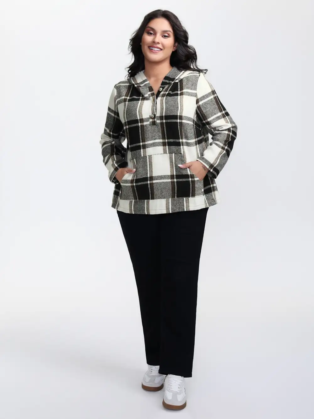 Checkered Half-Open Placket Pockets Hoodie