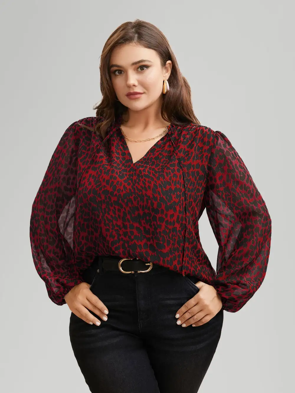Leopard Print Tie Knot Lantern Sleeve Blouse