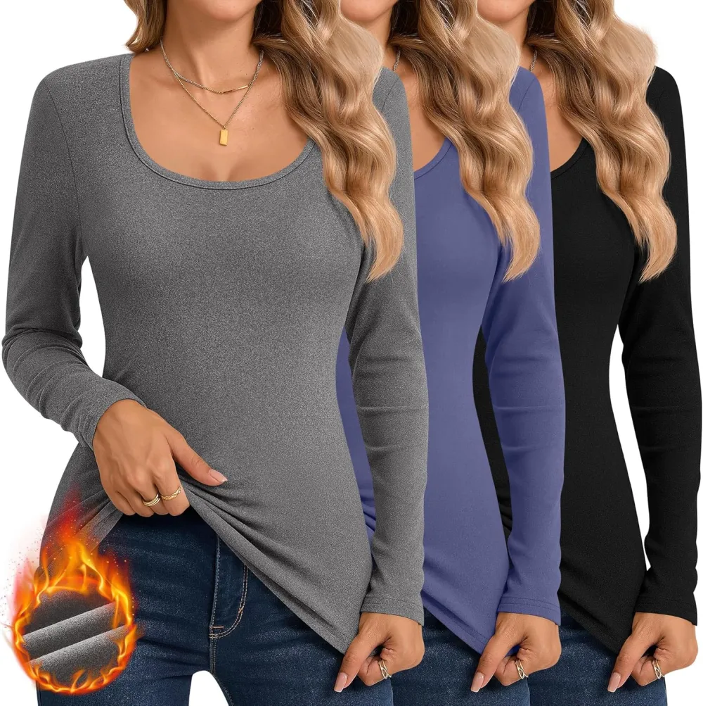 3 Pack Women's Thermal Long Sleeve Shirts Fleece Lined Scoop Neck Stretch Fitted Tops Winter Base Layer Underwear