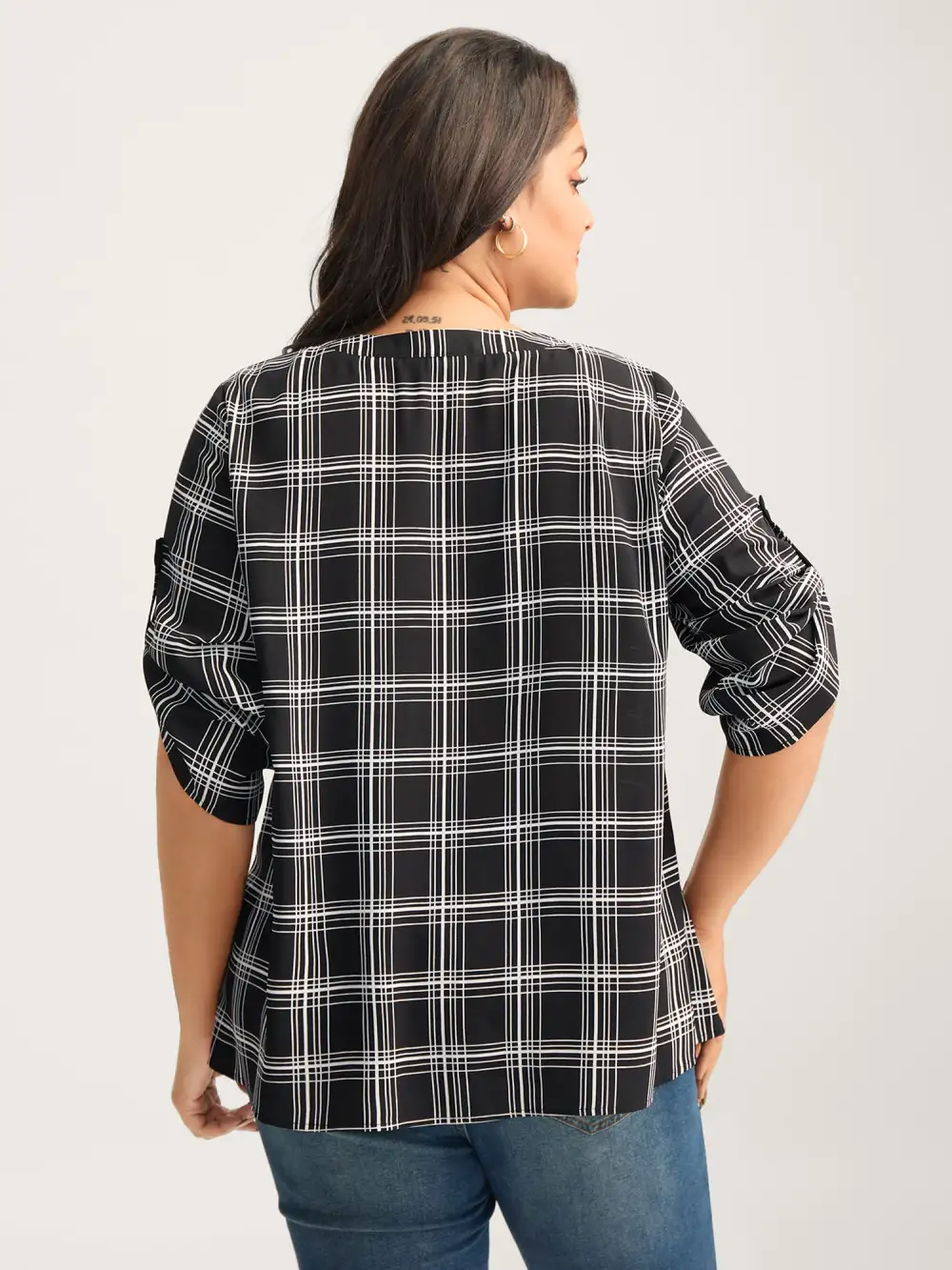 Plaid Print Tab Sleeve Notched Blouse