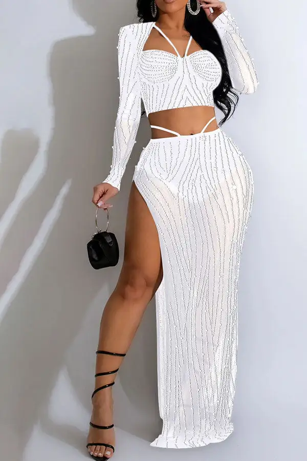 Rhinestone & Beaded High-Slit Dress Set
