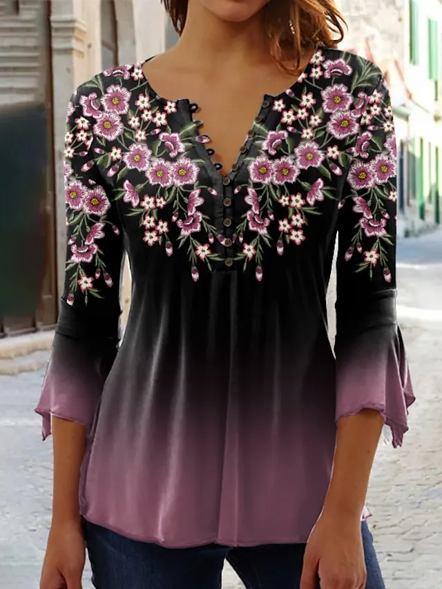 Women's Shirt Blouse Floral Yellow Pink Blue Button Print 3/4 Length Sleeve Holiday Basic Round Neck Regular Fit