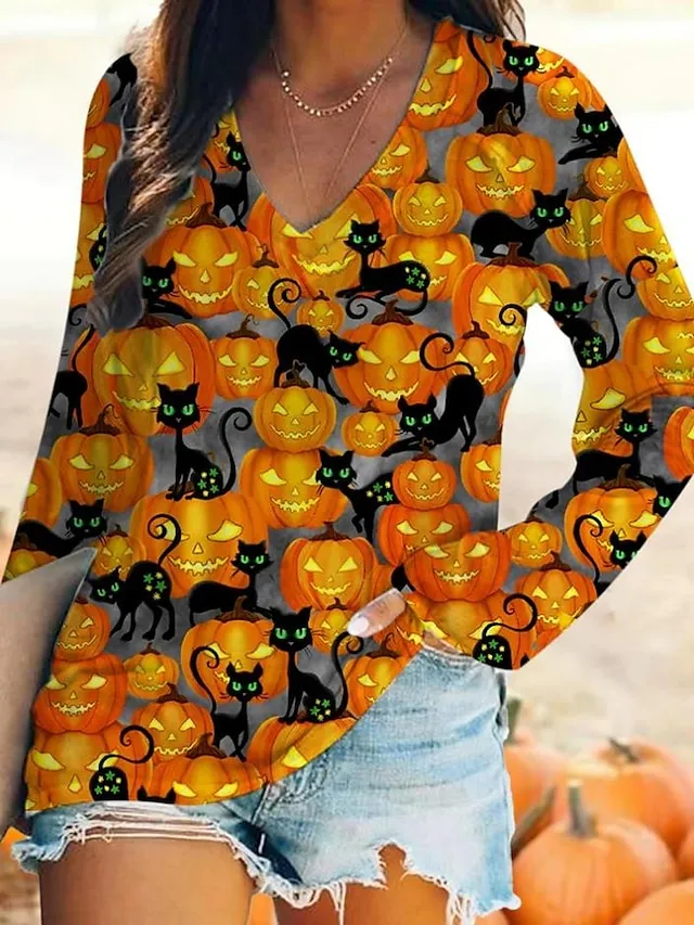 Women's T shirt Tee Burgundy Tee Halloween Shirt Cat Print Halloween Weekend Daily Basic Long Sleeve V Neck Yellow Fall & Winter