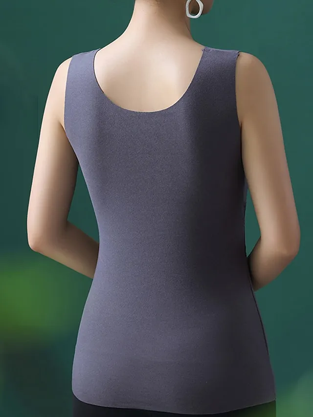 Women‘s Thermal Vest Underwear Built-in Bra Pure Color Warm Fashion Home Street Daily Polyester Warm Breathable Straps Sleeveless Fall Winter Black color
