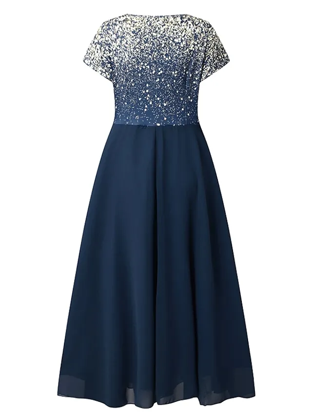 Women‘s A Line Dress Chiffon Dress Midi Dress Navy Blue Short Sleeve Color Gradient Patchwork Spring Summer V Neck Stylish Elegant Party 2023 S M L XL XXL 3XL / Party Dress