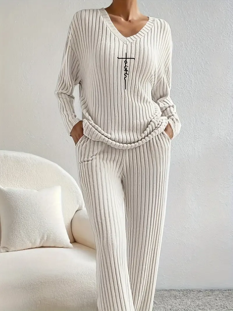 Women's Faith-Inspired Ribbed Two-Piece Set - V Neck Long Sleeve Top & Comfy Pants - Chic Spring & Fall Casual Outfits
