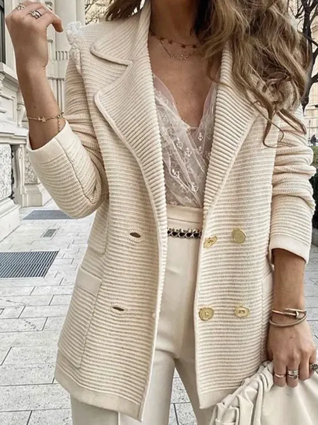Lapel Collar Long Sleeve Plain Buckle Regular Micro-Elasticity Loose Blazer For Women