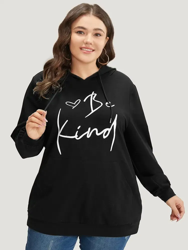 Letter Print Pocket Drawstring Hooded Sweatshirt