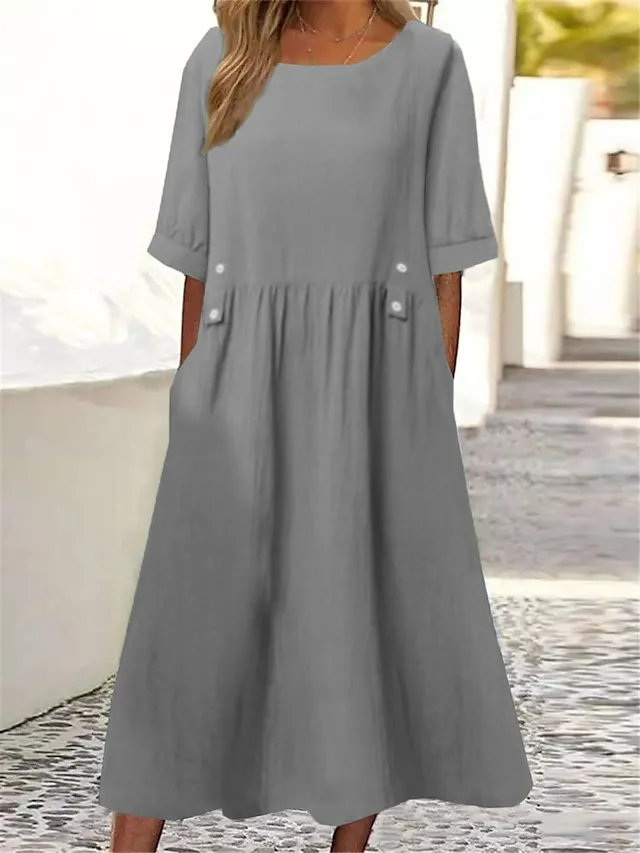 Women's Cotton Linen Dress Casual Dress Midi Dress Cotton Blend Basic Casual Outdoor Daily Vacation Crew Neck Ruched Button Short Sleeve Summer Spring 2023 Loose Fit White Purple Green Plain M L XL
