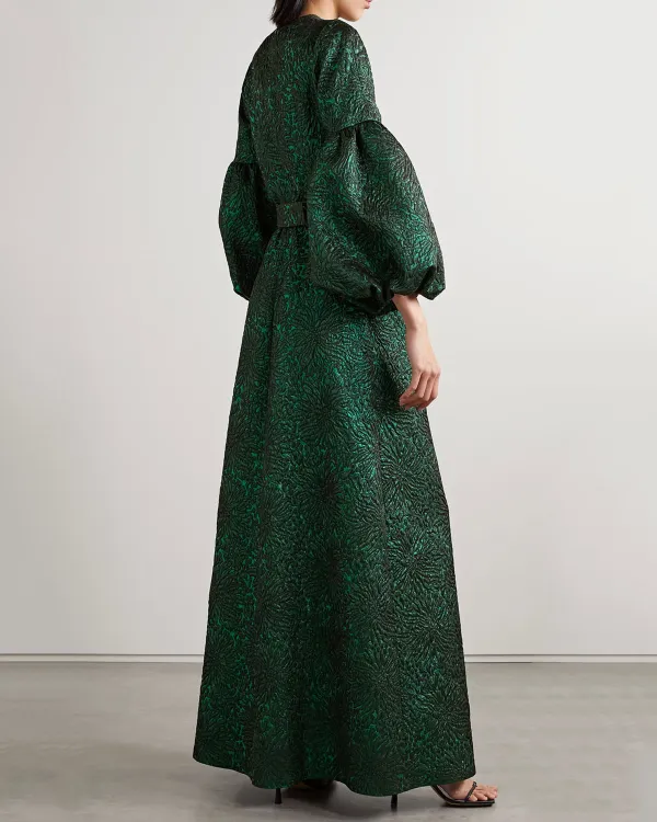 Belted metallic cloqué gown