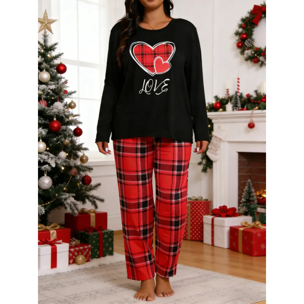 Two-piece Set Long Sleeve Heart Print Tee & Plaid Print