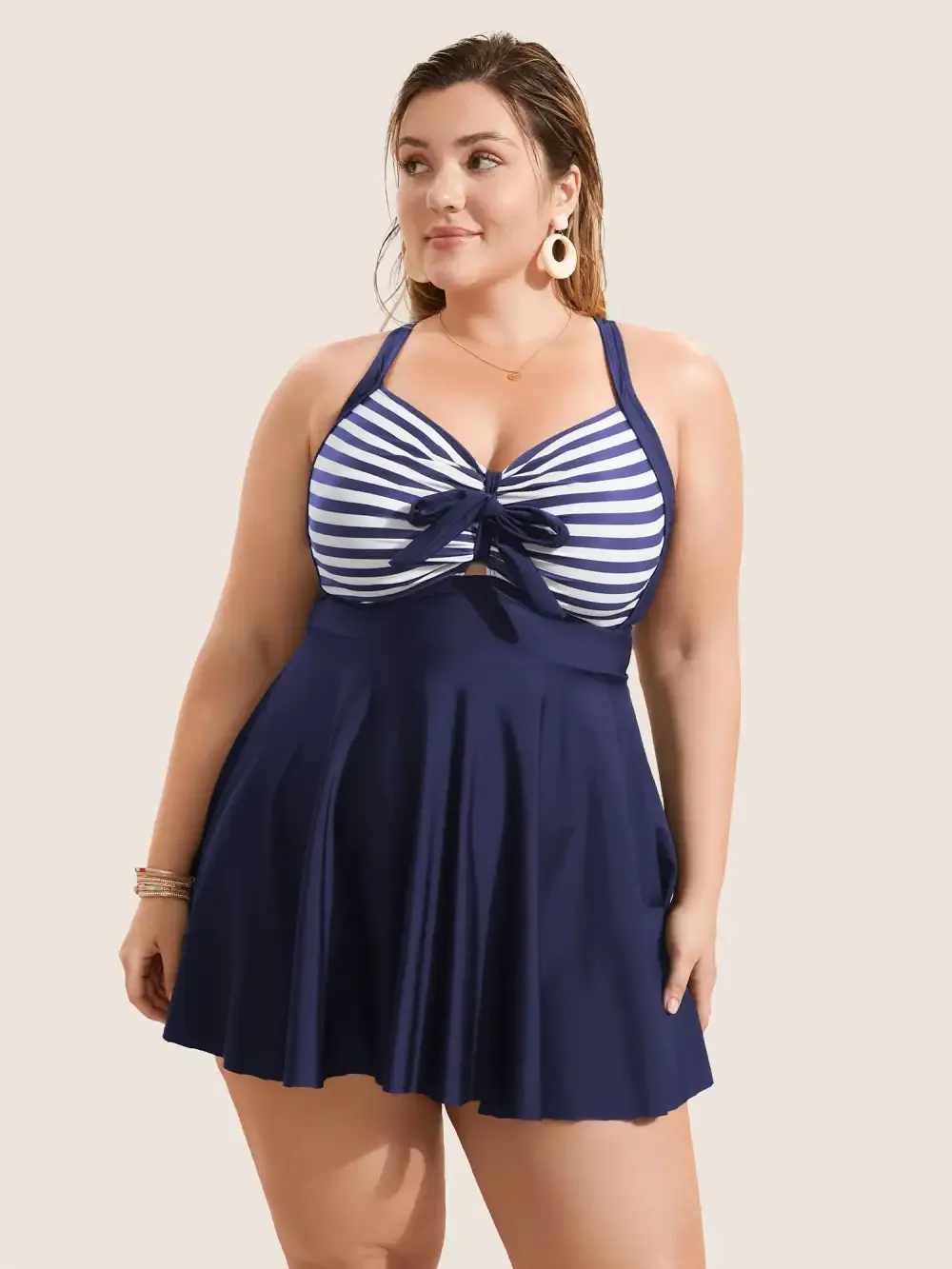 Stripes Patchwork Tie Knot Cross Straps Swim Dress