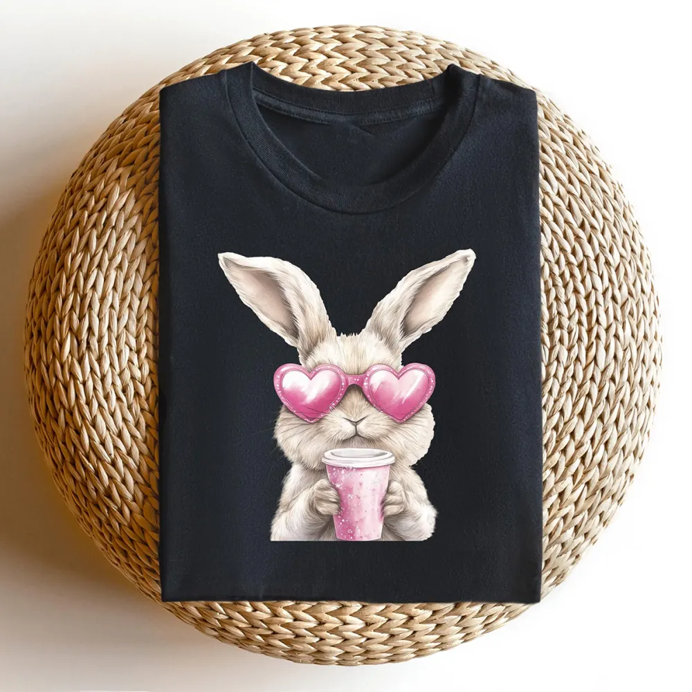 T-shirt Easter Bunny Drinking Coffee Women Printed Round Neck Short Sleeve
