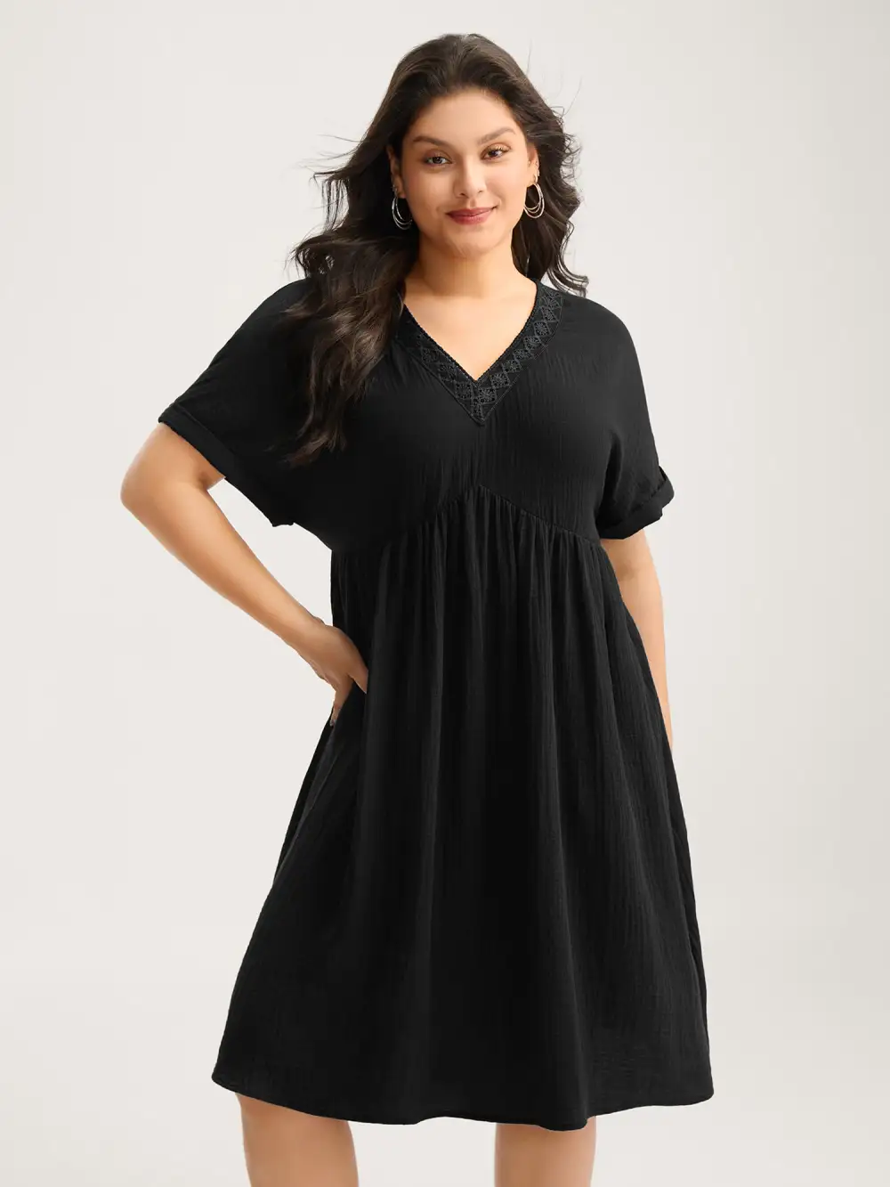 Pure Cotton Lace V-Neck Solid Midi Dress