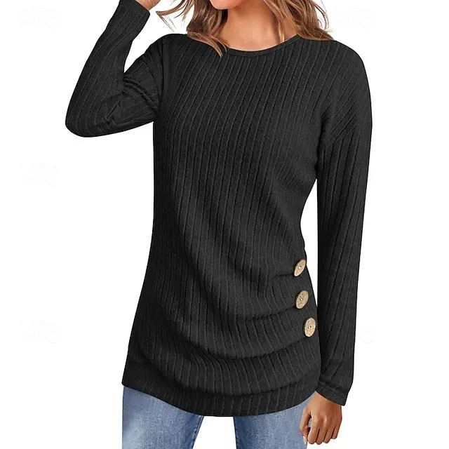 Women's Sweater Pullover Streetwear Casual Solid Color Ribbed Crew Neck Buttons Knitted Long Sleeve Regular Tops Knit Daily Holiday Weekend Black Army Green Fall Winter
