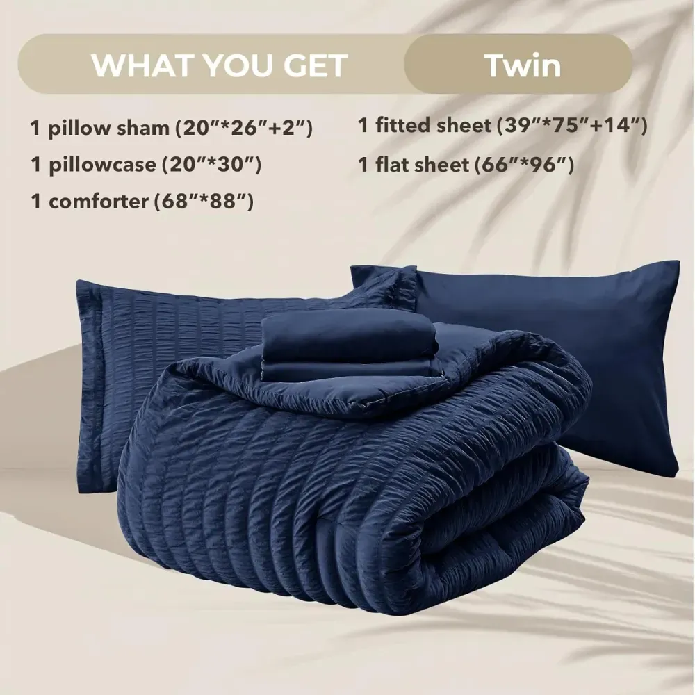 Queen Comforter Set Seersucker 7 Pieces, All Season Luxury Bed in a Bag for Bedroom, Bedding Set with Comforters, Sheets, Pillowcases & Shams, Dark Grey