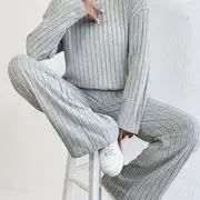 Two-Piece Outfit Set - Soft Solid Ribbed Fabric, Flattering Mock Neck T-shirt, Flowy Wide Leg Pants for Casual Everyday Wear