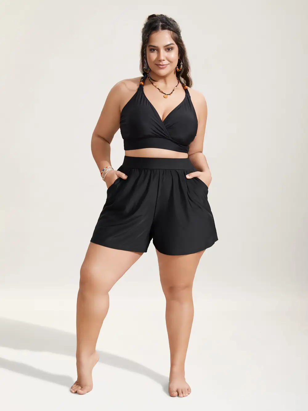 High Waisted Pockets Solid Pleated Swim Bottom