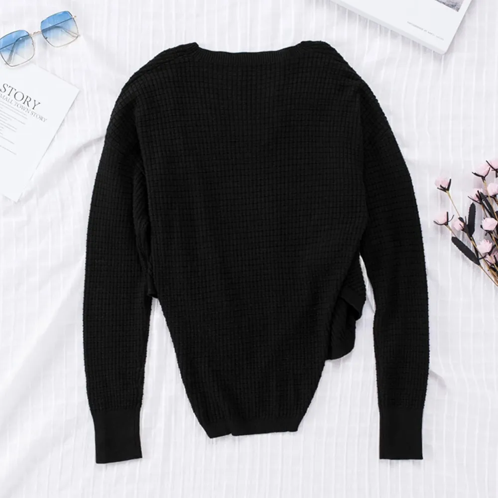 Women's Fall Sweater 2023 Wrap Sweaters Long Sleeve Knitted Asymmetric Hem Pullover Solid Color Tops Sweater