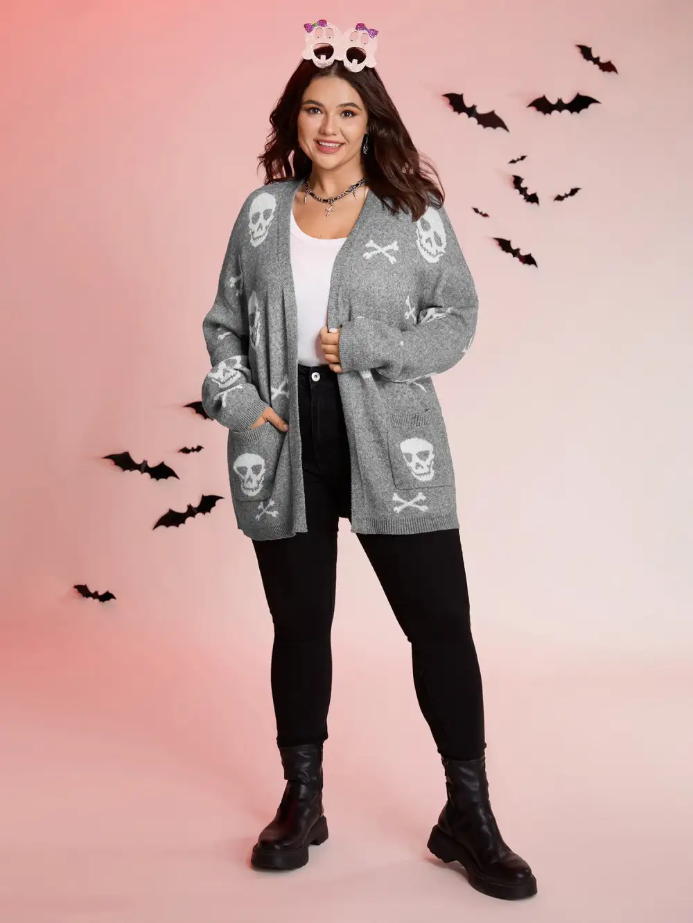 Supersoft Skull Pattern Open-Front Knit Cardigan