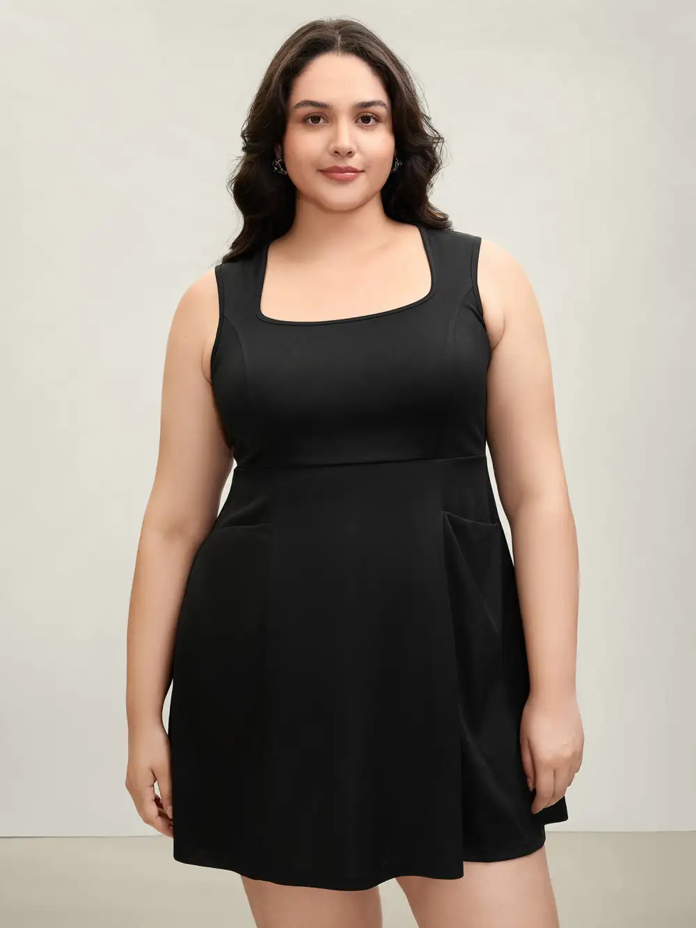 Stretchy Pockets Cinched-Waist Flared Midi Dress