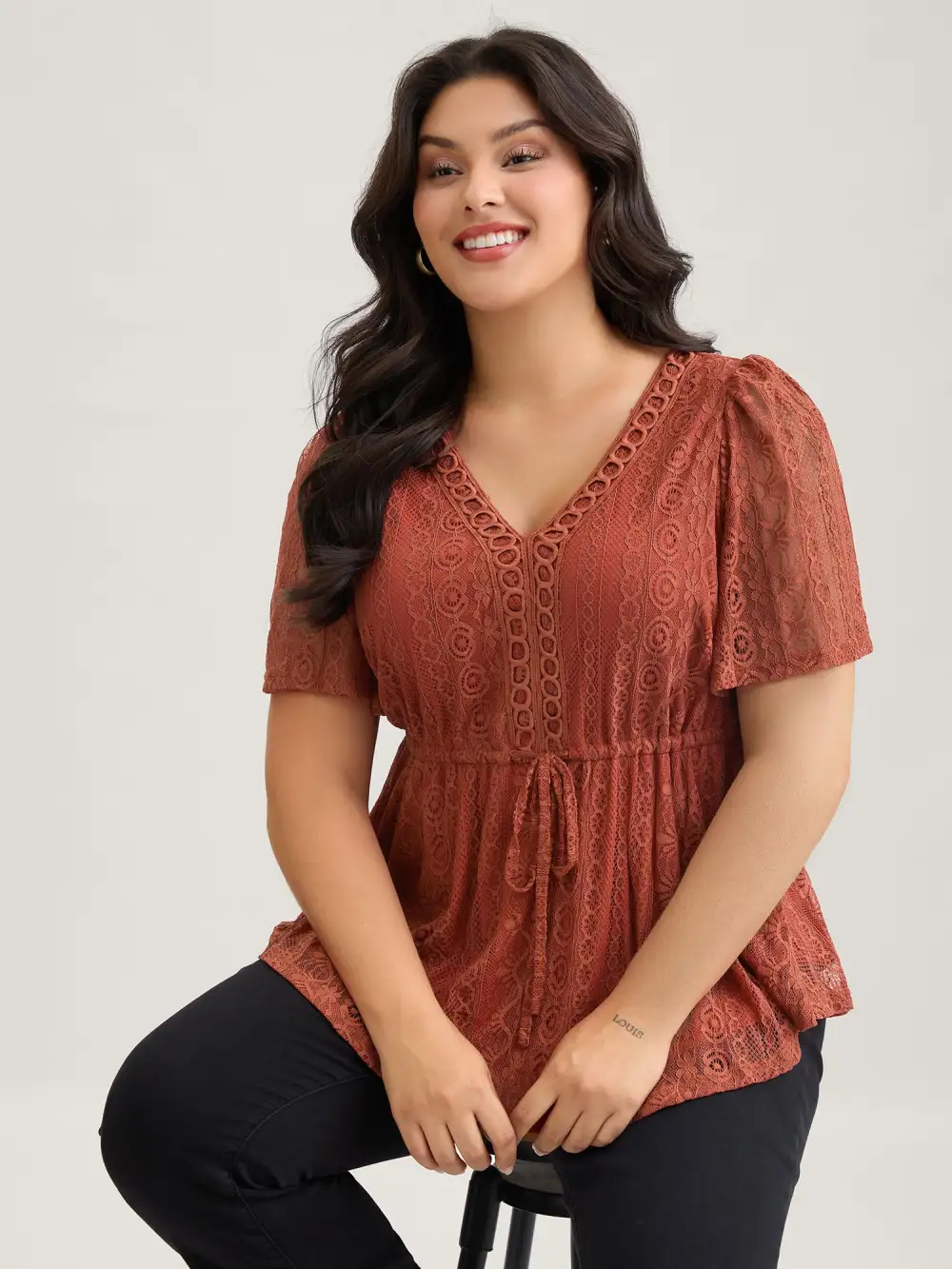 V Neck Lace Panel Drawstring Blouse