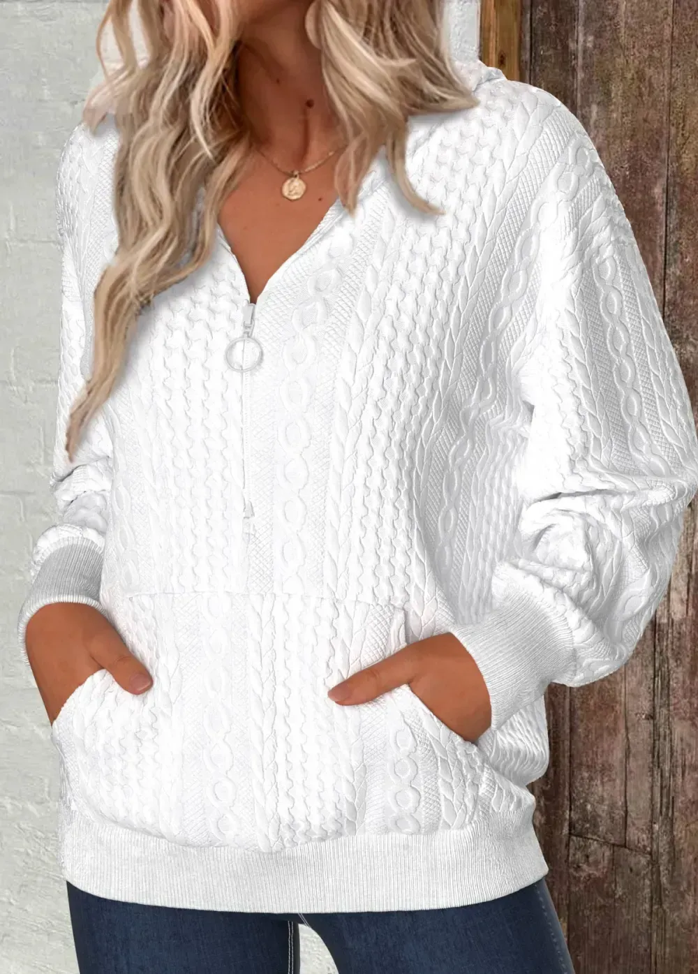 White Zipper Long Sleeve V Neck Hoodie